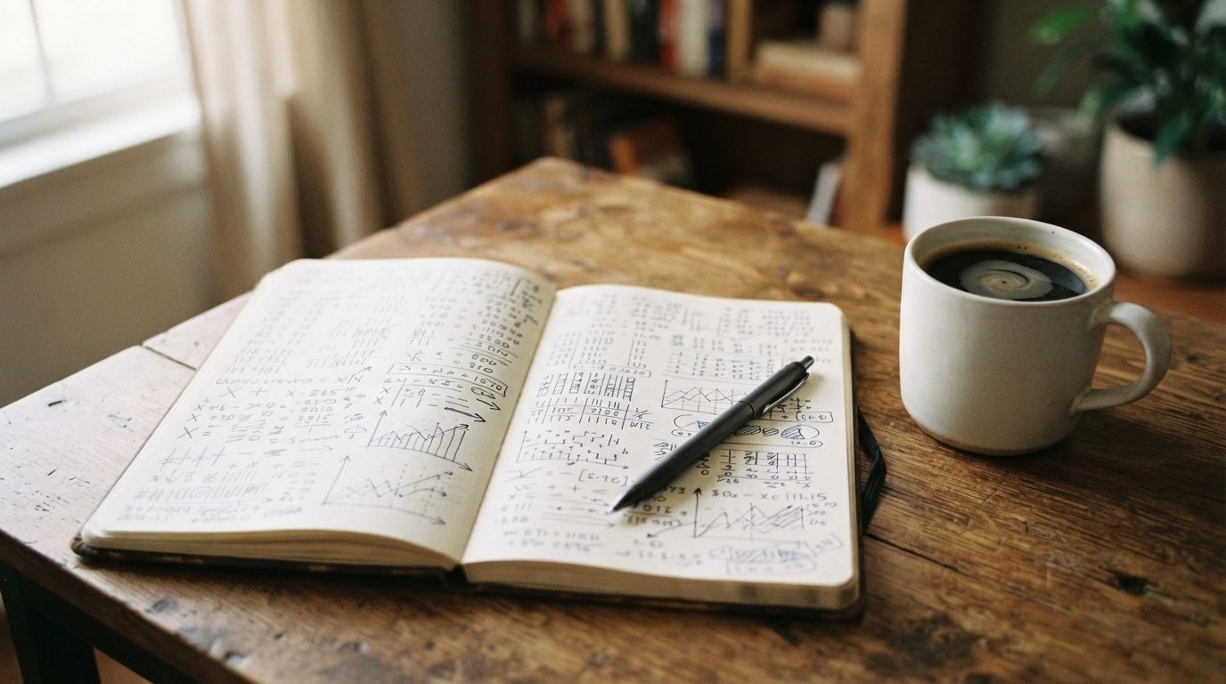 Et åbent notesbog med matematik og en pen på et skrivebord