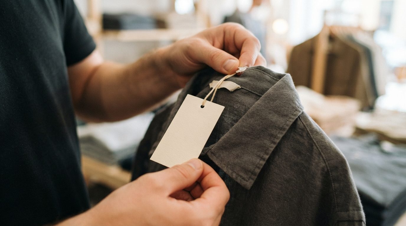 En prismærke bliver placeret på en vare i en butik