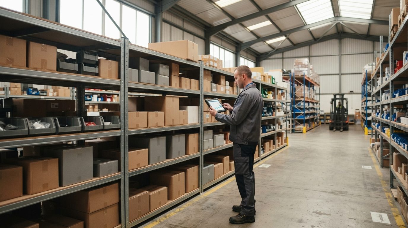 En person med en tablet tjekker produkter på hylder på et lager