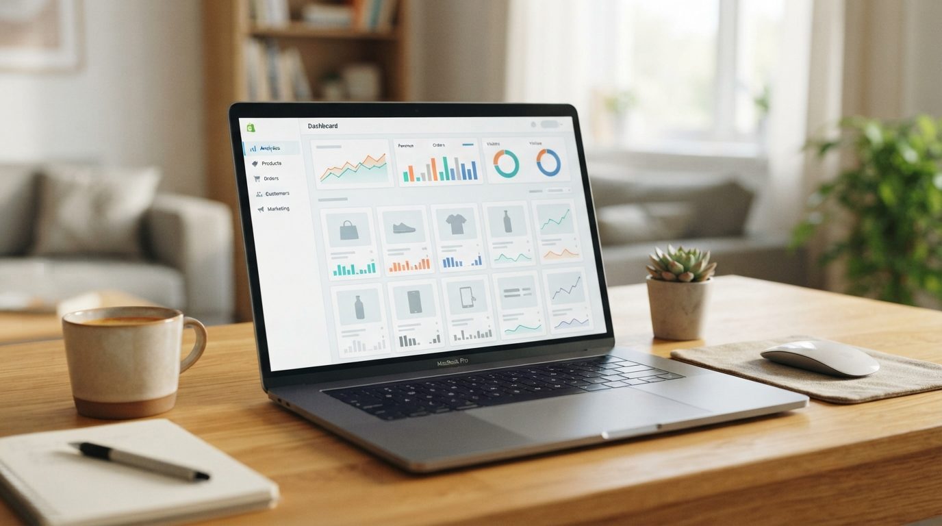 En computer skærm viser en webshop med produkter og salgsdata