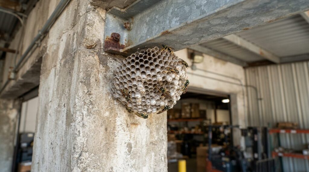 Close-up detail of a paper wasp nest attached to the corner