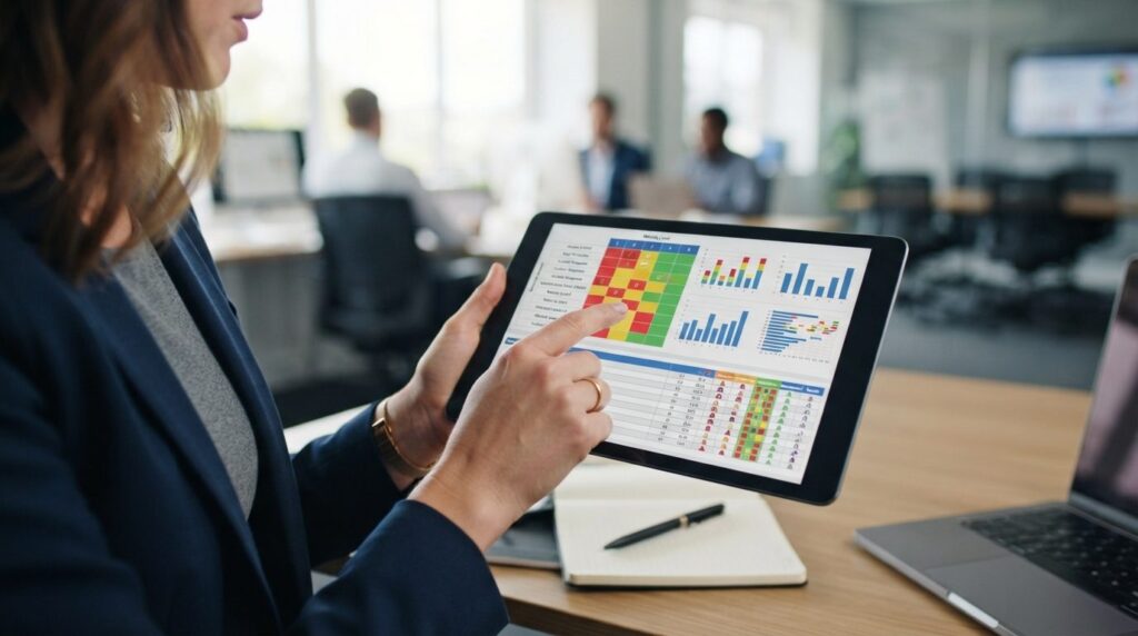 Close-up of business professionals hands pointing at digita