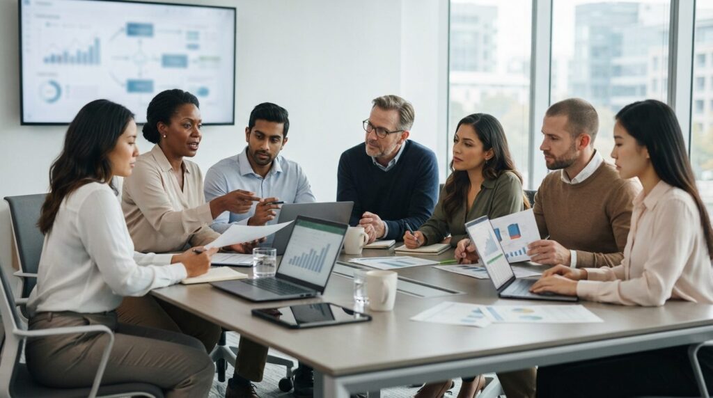 Business team collaborating around modern conference table w